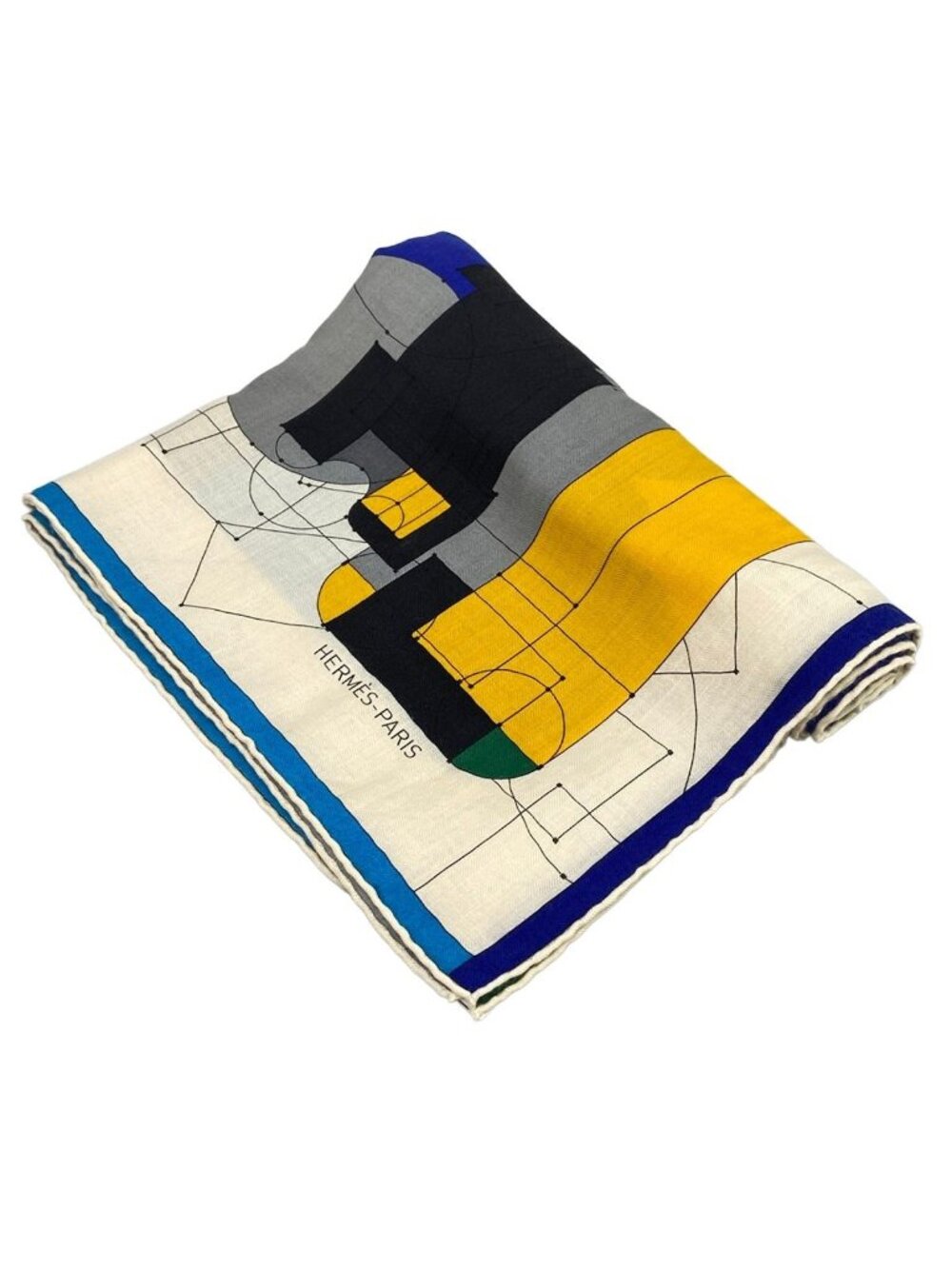 Hermes Shawl Carre 140 Ivory Blue Multi Echec AU Roi Cashmere Silk Scarf